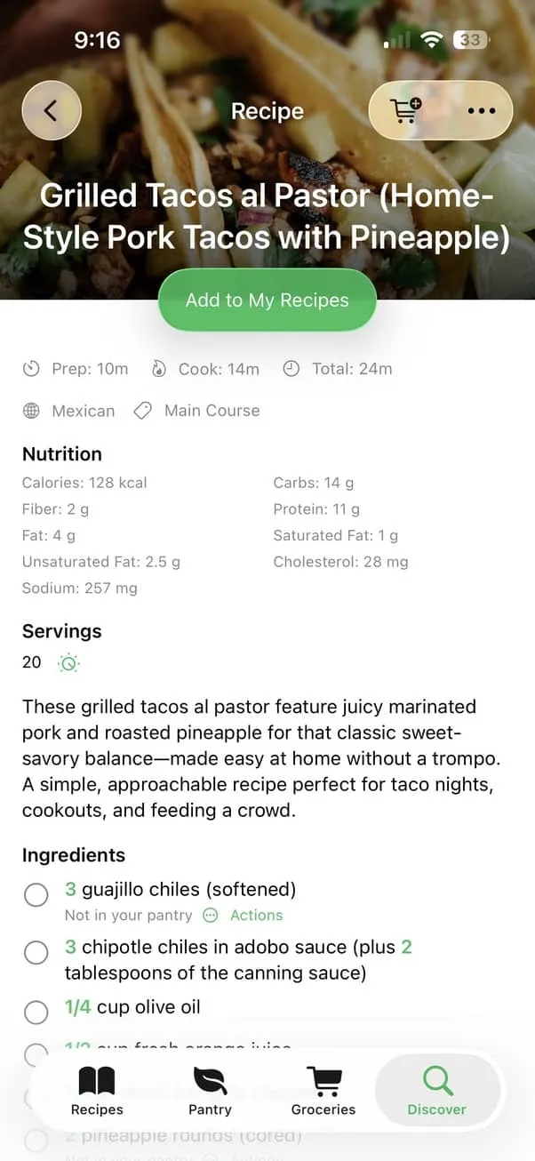 Assistant Chef recipe detail screen